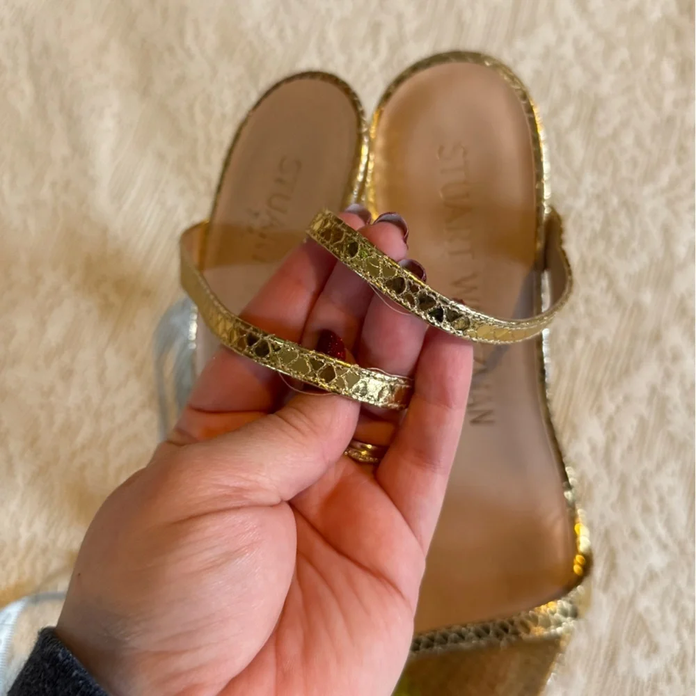 Stuart Weitzman 75 gold leather open toe stiletto pumps - Picture 10 of 10